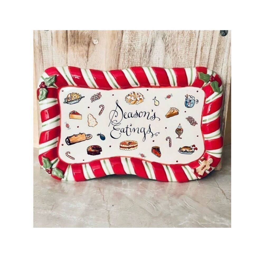 New Whimsy collection Jill Seale  Season Eatings White Red Ceramic Serving Plate